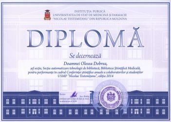 Diplomă, Se decernează Dnei Olesea Dobrea