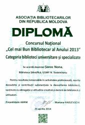 Diplomă, Concursul Național „Cel mai bun bibliotecar al anului 2013”,
